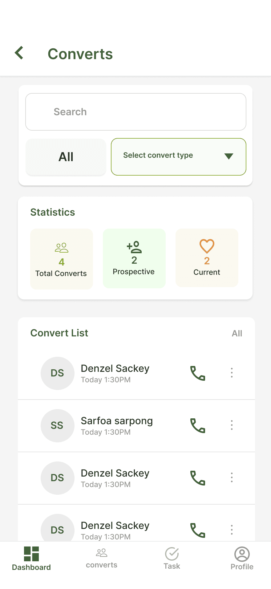 Screenshot of TheVine convert detail page showing conversation history and follow-up log