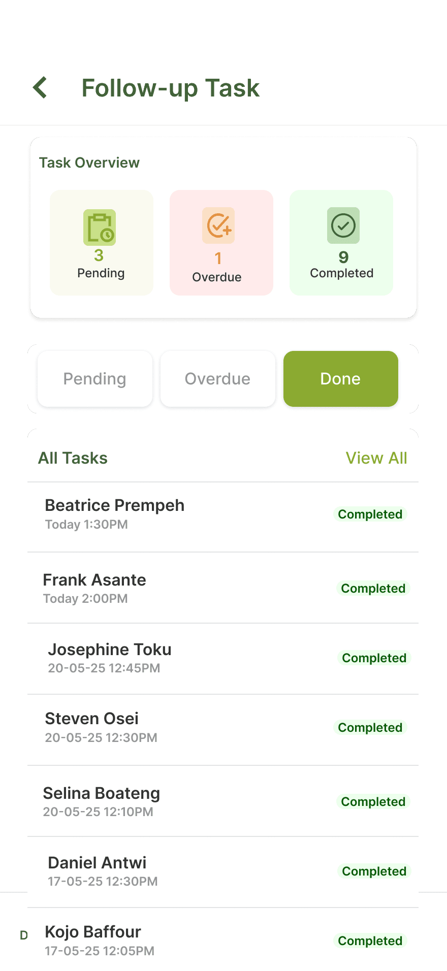 Screenshot of TheVine follow-up task detail view with task notes and completion options