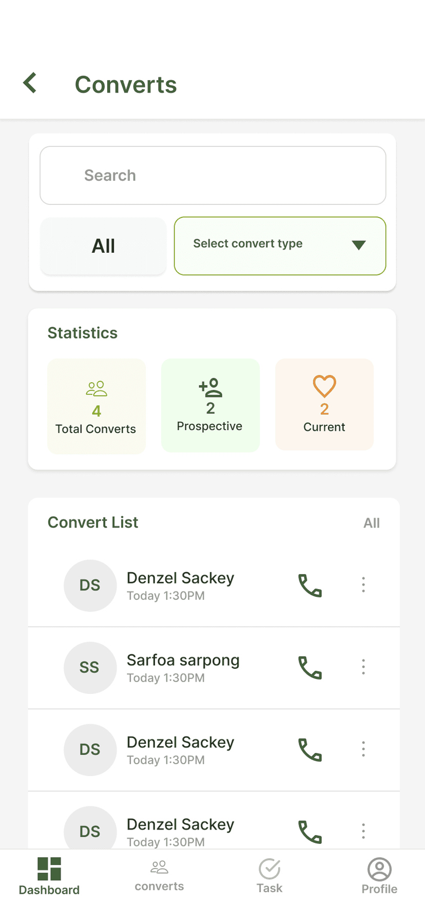 Screenshot of TheVine convert detail page showing conversation history and follow-up log